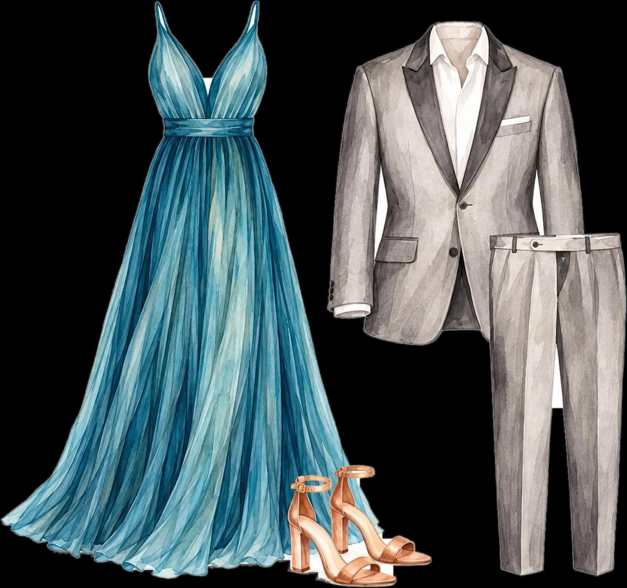 Ilustração em aquarela: vestido longo azul com sandália de salto bloco e terno cinza com camisa branca