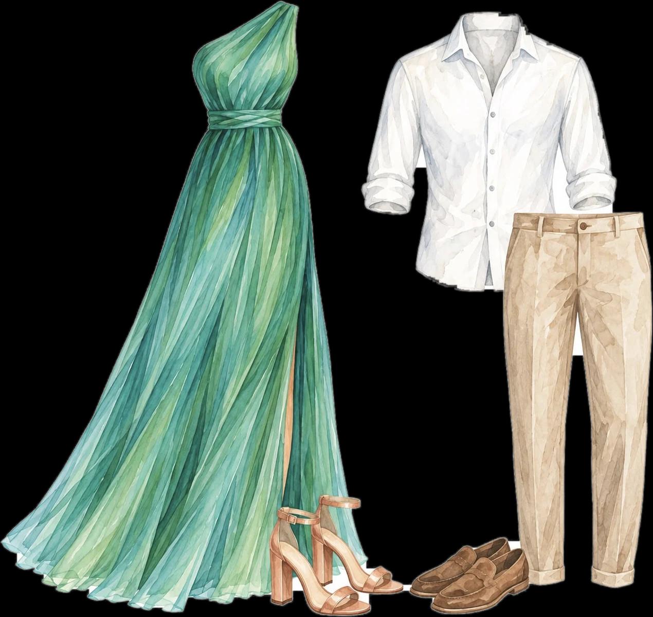 Ilustração em aquarela: vestido longo verde de um ombro só com sandália de salto bloco, camisa branca, calça bege e mocassim
